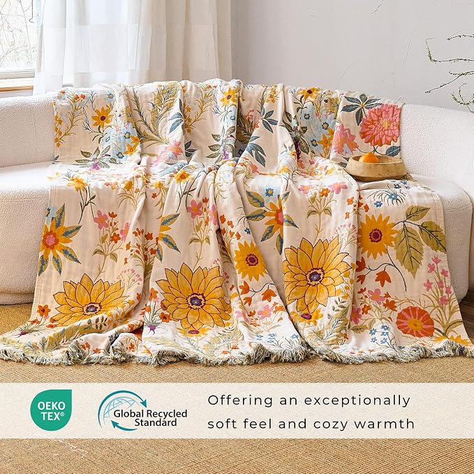 Boho Throw Blanket for Home Decor, Soft Throw Rustic Classic Quilt,100% Cotton Muslin Blankets for Adults, Reversible Woven Decorative Summer Blanket for Bed Layering Use, Floral, 50"x60"Gift for Mom