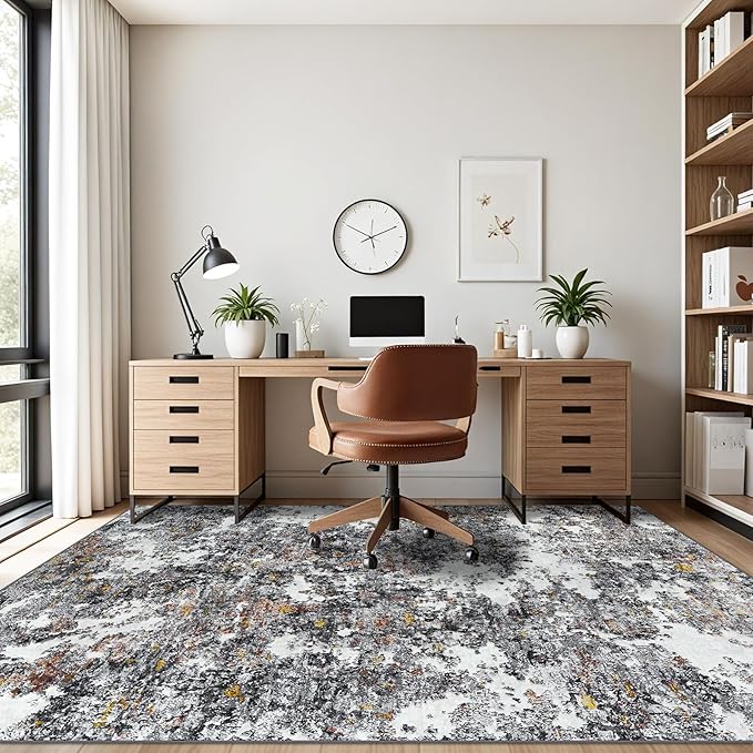 Washable Rug 6x9 Area Rugs: Soft Large Living Room Rug with Anti-Slip Backing Non-Shedding Stain-Resistant Modern Abstract Carpet for Bedroom Dining Room Nursery Home Office-Gray/Multi