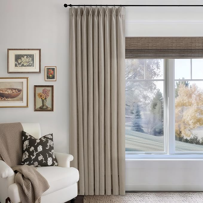 Pinch Pleated Linen 84 Inch Curtains 60 Inch Width for Living Room Divider Light Filtering Thick Burlywood Birch Linen Extra Wide Patio Curtains for Sliding Door Floor to Ceiling Window 1 Panel