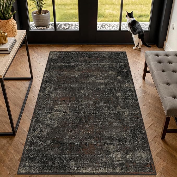 Black 3x5 Washable Entryway Rug, Non Slip Indoor Kitchen Rug, Dark Charcoal Farmhouse Low Pile Area Rug for Mudroom, Bedroom, Bathroom & Laundry Room