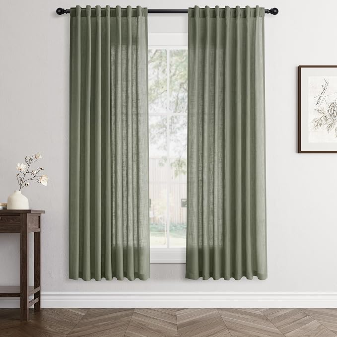 Jowels Olive Green Linen Curtains 70 Inch Long 2 Panels for Living Room | Loden Light Filtering Semi Sheer Curtain, Back Tab Pocket Pleated Look,Farmhouse Textured Privacy Drapes for Bedroom Window