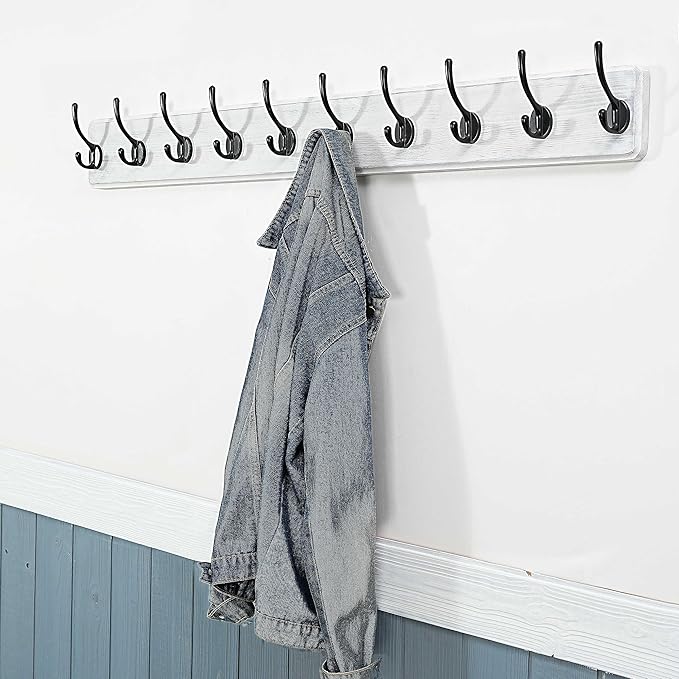 WEBI Coat Rack Wall Mount,10 Hooks,38 9/16" Long Coat Hooks Wall Mounted,16" Hole to Hole,Large Wood Coat Hanger Wall,Hook Rack for Hanging Coats,Jacket,Clothes,Hats,Black/White,2 Packs