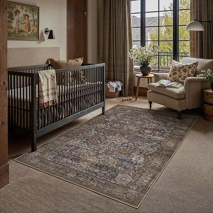 HUGEAR Area Rugs 3x5 Blue Brown Washable Rug for Living Room Bedroom Neutral Vintage Rug Carpet Distressed Soft Durable Non Slip No Shedding for Indoor Dining Nursery Farmhouse