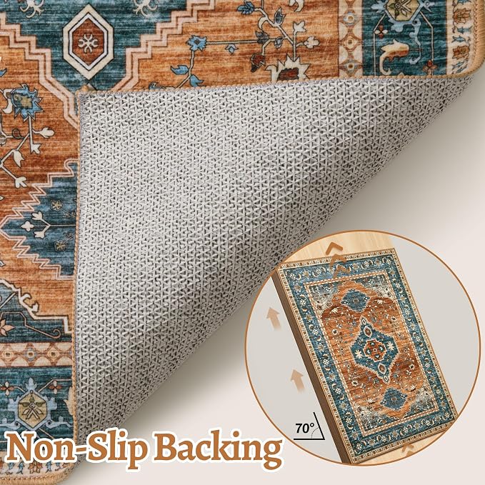 Tangsoo Oriental Small 2X3 Washable Rugs for Entryway, Vintage Non Slip Rug Carpet, Indoor Front Door Rug, Door Mat Indoor Entrance Soft Low Pile Throw Rugs for Entry Kitchen Bedroom Orange/Blue