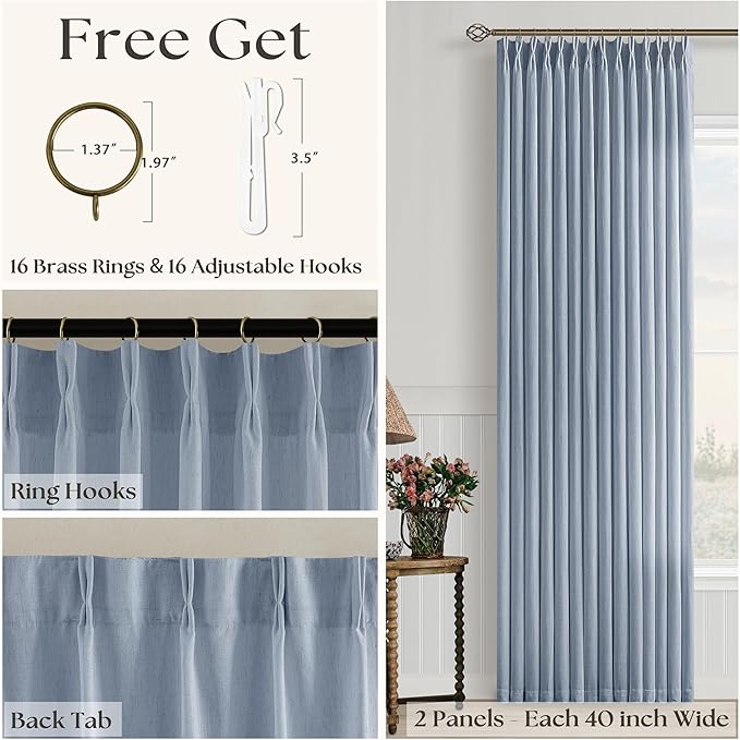 Dusty Blue Linen Pinch Pleat Curtains 84 Inches Long for Living Room Pinch Pleated Drapes Hooks Rings Back Tab Farmhouse Coastal Light Filtering Semi Sheer Blue Grey Curtains Dining Bedroom Office