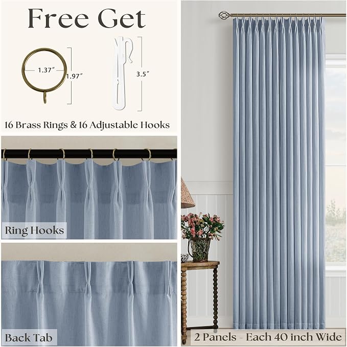 Dusty Blue Linen Curtains 90 Inches Long for Living Room Pinch Pleat Drapes with Hooks Rings Back Tab Farmhouse Modern Neutral Pleated Flagstone Blue Gray Curtain 90 Inch Length for Bedroom Dining