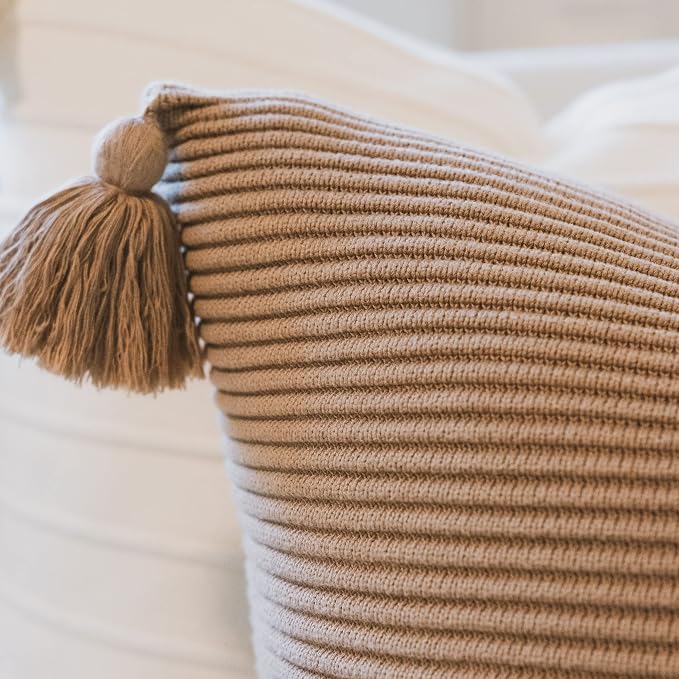 Cozy Soft Cotton Throw Pillow Cover with Ribbed Knit Texture and Tassel Corners Brings Depth and Warmth to Your Home Decor (18x18, Mocha)