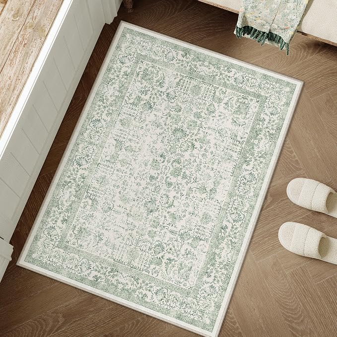 PureCozy Sage Green Area Rug 2x3 Washable Vintage Distressed Entryway Carpet Non Slip Neutral Door Mat Low Pile Retro Floral Farmhouse Accent Throw Small Rug for Bathroom Laundry Kitchen Dining Room