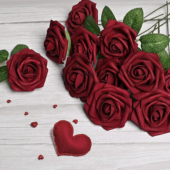 Mocoosy 50Pcs Burgundy Roses Artificial Flowers, Burgundy Fake Rose for Decoration, Real Touch Foam Rose Bulk with Stem DIY Wedding Bouquet Bridal Shower Mother's Day Floral Arrangement Party Decor