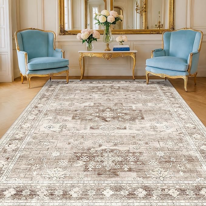 Hazo Haus Washable Neutral Farmhouse Living Room Rug, 5x7 Area Rugs for Bedroom, Nursery Room, Boho Vintage Floral Non-Slip Rug Low Pile Stain Resistant (5x7 Beige/Latte)