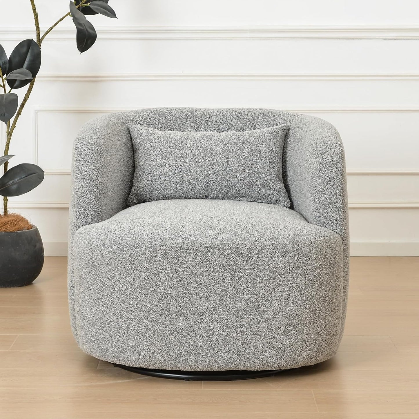 KINWELL 34" Wide Sherpa Swivel Barrel Chair, No Assembly Round Boucle Upholstered Accent Chair Armchair Single Sofa Chair with Toss Pillow for Living Room and Bedroom, Gray