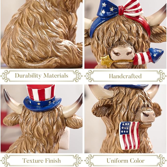 Valery Madelyn 4th of July Highland Cow Decorations, Memorial Day Decoration for Home Decor, Large 2Pcs Patriotic High Mountain Yak Figurines USA 250th Anniversary Decorations, Independence Day