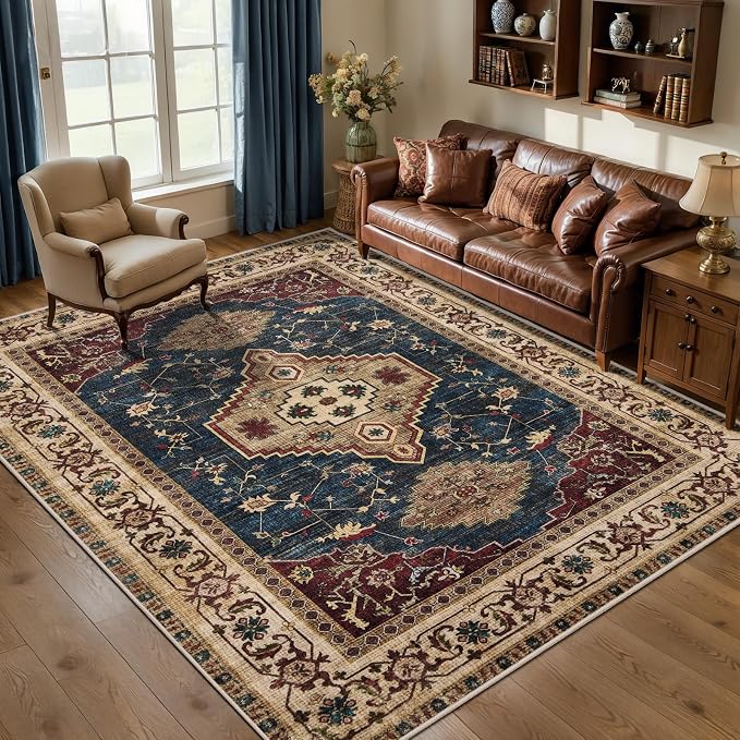 Tangsoo Vintage 5x7 Washable Area Rug, Oriental Indoor Non Slip Machine Washable Large Tumble Rug, Soft Low Pile Foldable Carpet for Dining Room Bedroom Living Room Dark Blue Beige
