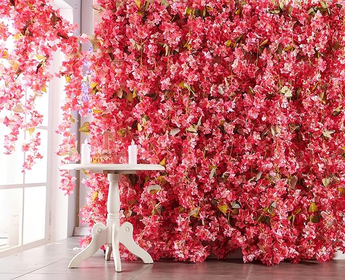 PONKING Flower Garland, Artificial Hydrangea Vine Flowers, Hanging Fake Hydrangeas Vine for Room Anniversary Wedding Birthday Christmas Wall Arch Decor, 2 Pcs, Floral Garland, Dark Pink Flower