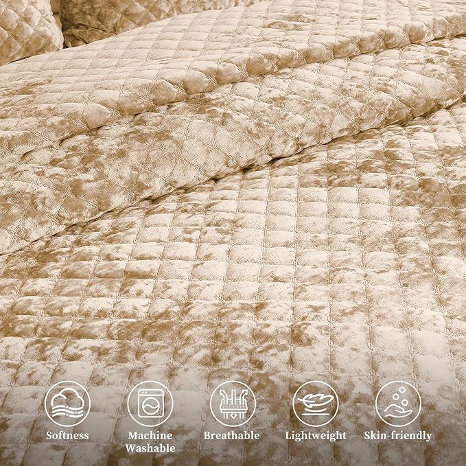 Luxury Soft Velvet Quilt Set Queen Size - Lightweight Velvet Bedding Set for All Season, Oversized Bedspread Coverlet Comforter Set with 2 Pillow Shams, Beige Brown, Diamond
