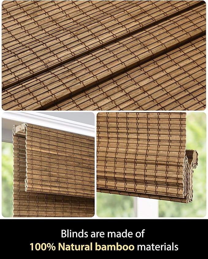 UNISHADES Cordless Bamboo Roman Shades, 34.5×48 in, Highfield Teak | Wide Bamboo Strip Weaving Technique, High light-blocking capacity, High Level of Privacy Protection