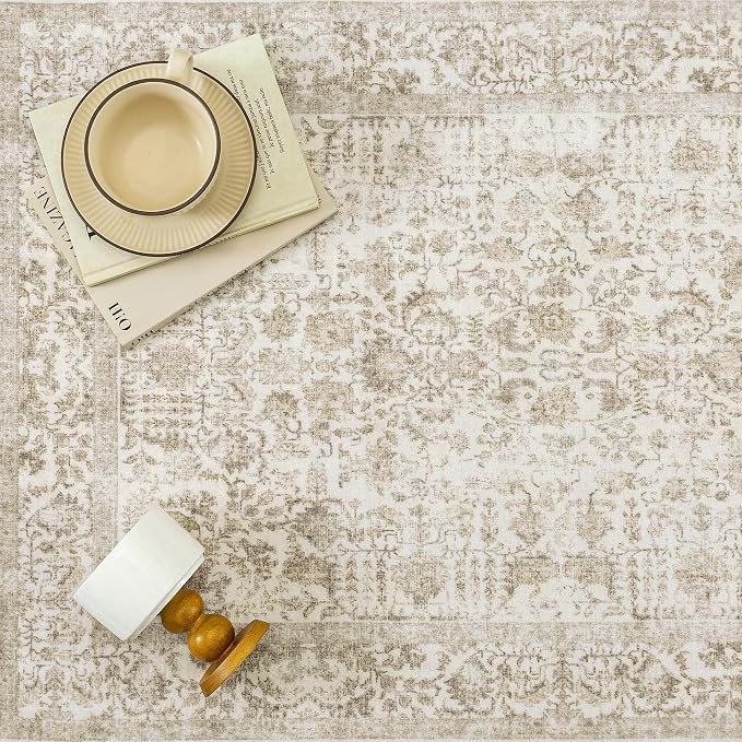 PureCozy Light Brown Area Rug 10x14 Machine Washable Large Vintage Living Room Distressed Non Slip Carpet Traditional Indoor Bedroom Retro Floral Accent Throw Rug for Office Kitchen Dining Room