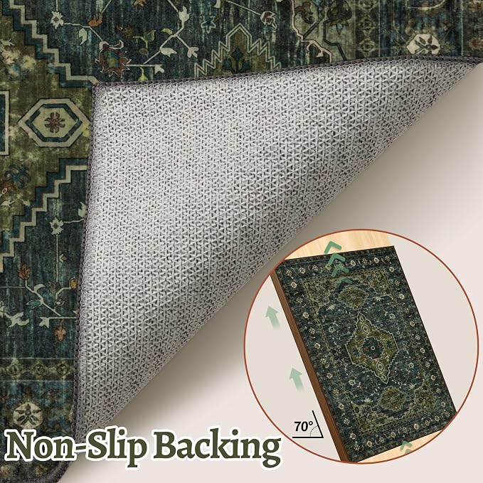 Tangsoo Oriental 2.6x12 Washable Hallway Runner Rug, Non Slip Vintage Long Runner Rug for Hallways, Soft Low Pile Rug Runner, Boho Print Carpet Runners for Kitchen Bedroom Entryway Living Room Green