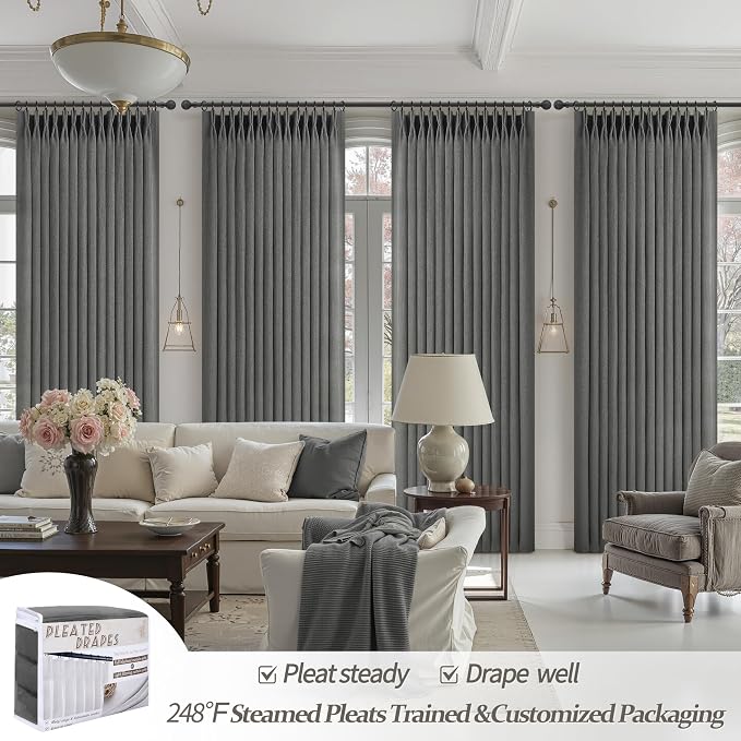Dark Gray Sheer 90 Inches Long Bedroom Curtains 2 Panels Set, Pinch Pleated Faux Linen Semi Through Privacy Sheer Curtain That Let Light in Dining Room Charcoal Grey 7-1/2 FT Luxury Drapes Hooks Rings