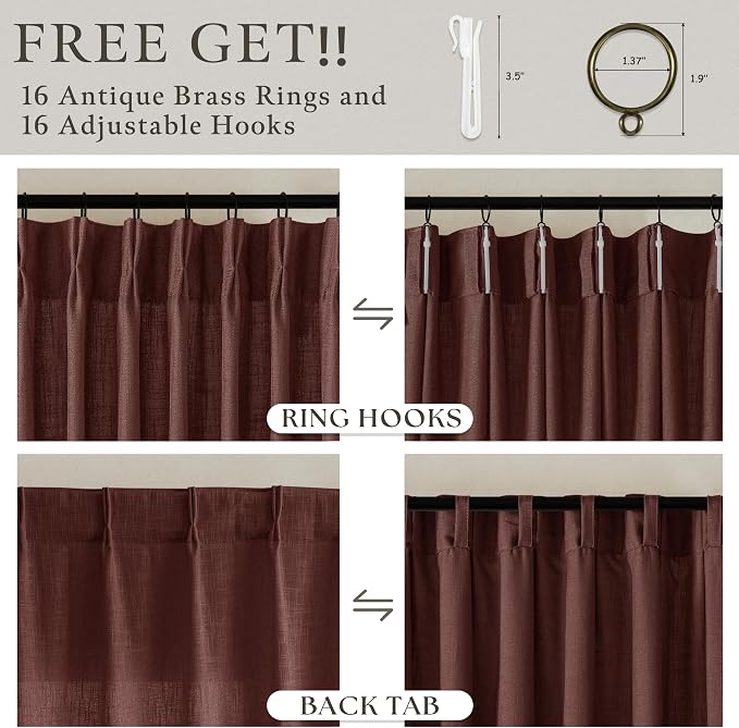 Chestnut Brown Pleated Thick Linen Curtains 108 Inches Length 2 Panels for Living Room Bedroom 9 ft Semi Sheer Privacy Country Linen Cotton Blend Window Curtain Panel Brownish Red Back Tab Drapes