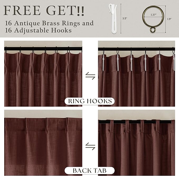 Pinch Pleated Short Linen Curtains 45 Inches Long 2 Panels Light Filtering Memory Trained Red Brick Curtain for Kitchen Bedroom Small Window 45 Inch Semi Sheer Privacy Linen Blend Cafe Drapes 50x45