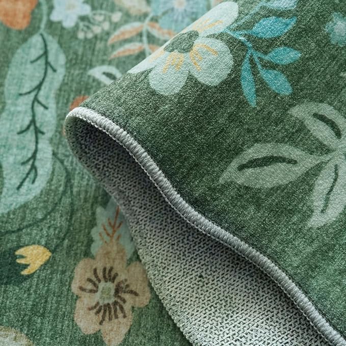 Washable 3x10 Hallway Runner Rug: Floral Scalloped Soft Runners for Entryway Kitchen Nursery Non Slip Bathroom Floor Mat Water Resistant Light Weight Carpet for Living Room Bedroom (3x10 Floral/Green)