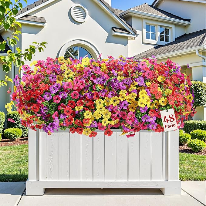 Alupssuc 48 Bundles Artificial Flowers for Outdoors Decoration, UV Resistant Silk Faux Daisy Spring Fake Plastic Plants Greenery for Outside Indoor Yard Home Porch Window Box Decor(Upgrade 4 Colors)