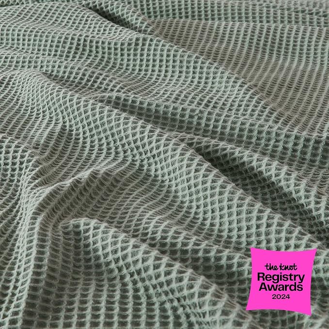 100% Cotton Green Blanket Full/Queen Size for Bed - Breathable and Soft, Waffle Weave for Summer Spring, 90x90 Inches (Eucalyptus)