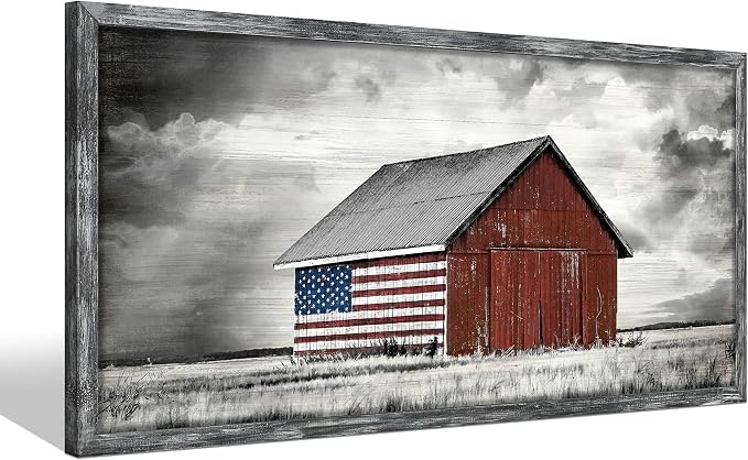 Barn Picture Framed Wall Art: Rustic Black White Farmhouse American Flag Print Wood Decor Horizontal Patriotic Country Farm Artwork Panoramic Living Room Nature Landscape Rural Countryside Scene Painting for Home Bedroom