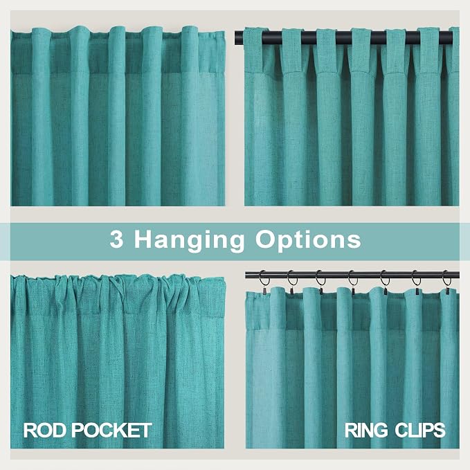 Pitalk Teal Linen Curtains 84 Inches Long 2 Panels Back Tab Rod Pocket Pleated Semi Sheer Light Filtering Modern Boho Curtains for Bedroom Living Room Dining Room Floor Length Peacock Blue Green Drape