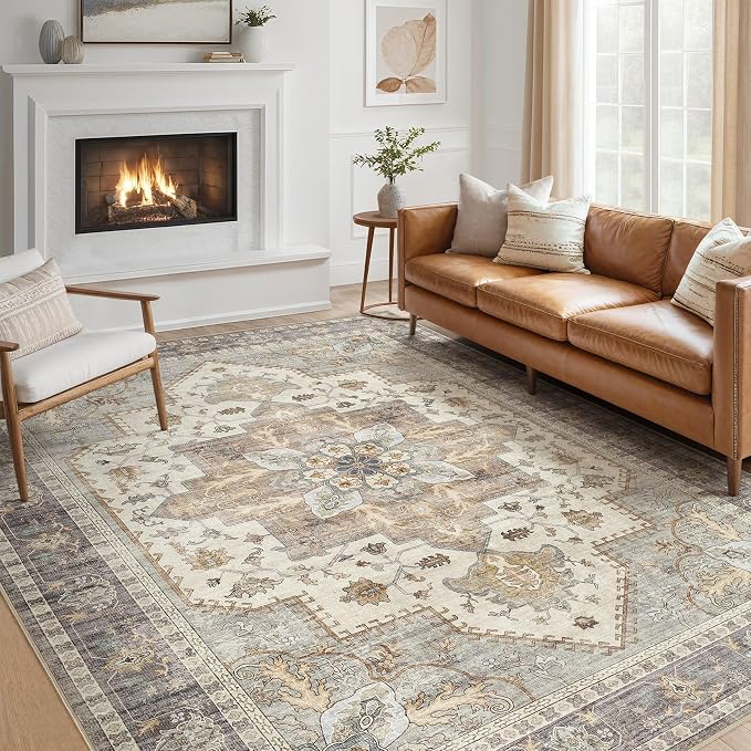 Tortania Area Rug Living Room Rugs - 5x7 Washable Boho Rug Vintage Oriental Distressed Farmhouse Large Thin Indoor Carpet for Living Room Bedroom Under Dining Table Home Office - Greige