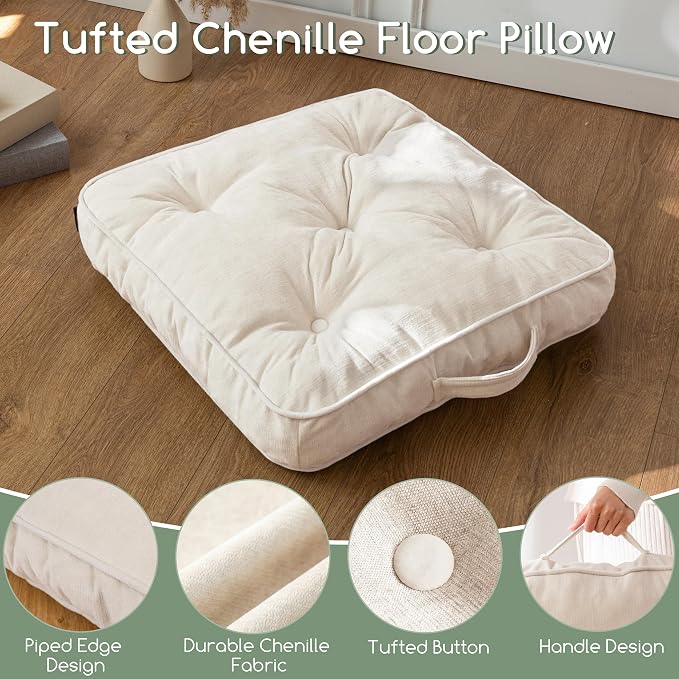 HIGOGOGO Large Floor Pillow Cushion for Adults, Meditation Cushion Pillow with Handle, Lustrous Chenille Tufted, Square Floor Sitting for Tatami Living Room or Yoga, 22x22 Inch, 2Pack, Beige