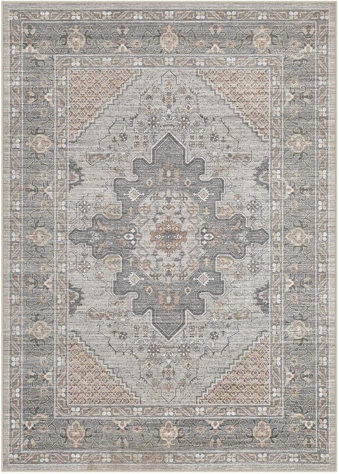 Tortania Area Rug Living Room Rugs - 5x7 Washable Boho Rug Vintage Oriental Distressed Farmhouse Large Thin Indoor Carpet for Living Room Bedroom Under Dining Table Home Office - Brown Gray