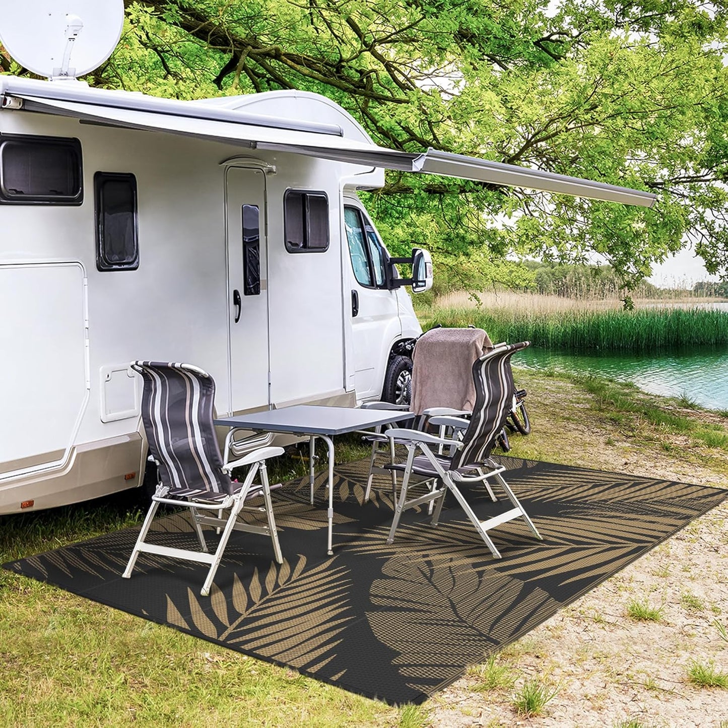 GENIMO Outdoor Rug 9' x 12' Waterproof for Patios Clearance, Reversible Outdoor Plastic Straw Camping Rug Carpet, Large Area Rugs Mats for RV, Camper, Deck, Balcony, Porch, Beach, Picnic, Black&Brown