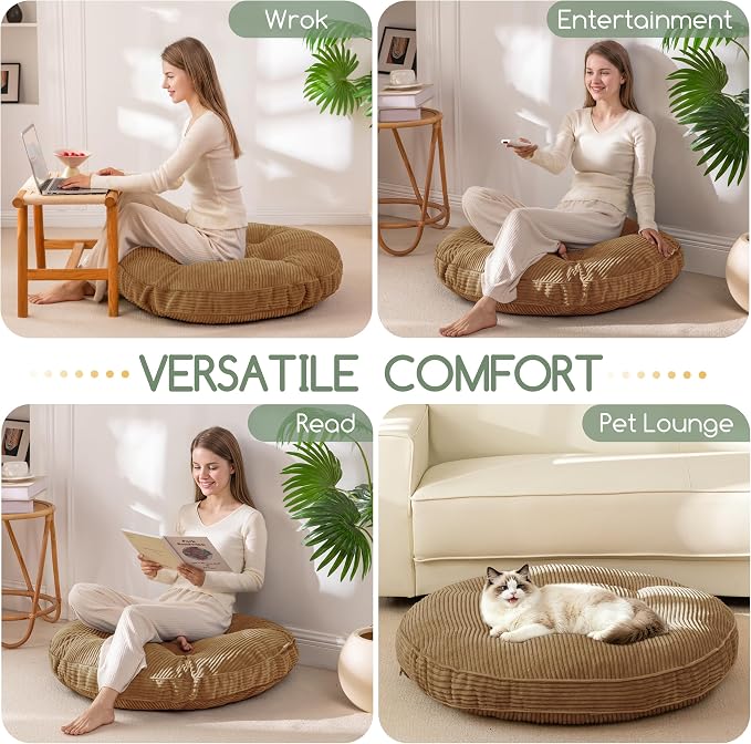 HIGOGOGO 35" Floor Pillow Cushion for Adults, Meditation Cushion Pillow, Extra Large Square Floor Sitting, Tufted Corduroy Cover for Tatami Living Room or Yoga, Coffee