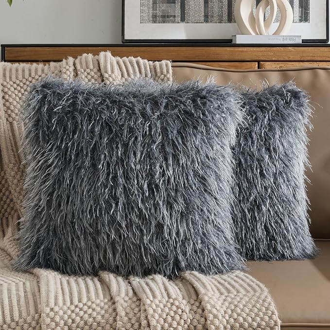FUTEI Pack of 2 Shaggy Mongolian Faux Wool Throw Pillow Covers 18x18 Inch Soft Decorative Cushion Case for Couch Bed Living Room, Dark Grey