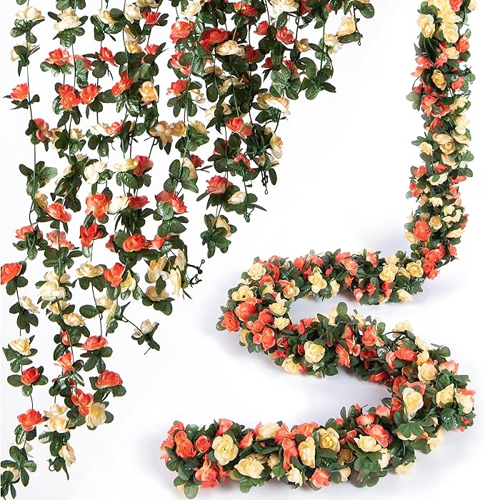PONKING 8 Pcs x 8.2 ft Flower Garland Artificial Rose Vine Flowers with Green Leaves Hanging Fake Roses Vine for Room Party Home Wedding Birthday Christmas Wall Arch Decor, Champagne Flower