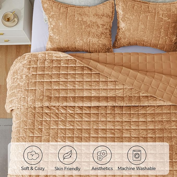BEDELITE Velvet Quilt Set King Size - Luxury Soft Velvet Comforter Bedding Set for All Season, Lightweight Quilted Box Stitch Oversized Bedspread Coverlet with 2 Matching Shams, Shiny Burnt Orange