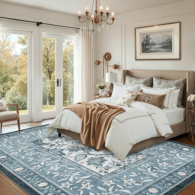 GarveeHome Provence Area Rugs 10x13 Living Room, Botanical Grove Misty Blue Cottagecore Washable Rug for Bedroom Dining Nursery Low-Pile Vintage Large Carpet