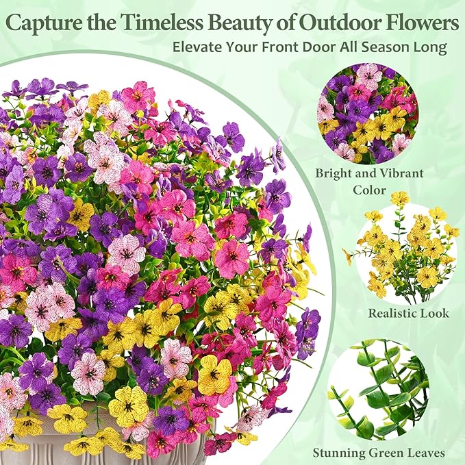 Yastouay 12 Bundles Artificial Flowers for Outdoors, UV Resistant Artificial Outdoor Flowers No Fade Fake Outdoor Flowers Plants for Garden Porch Window Box Farmhouse Pot Planters Decor (Multi ColorA)