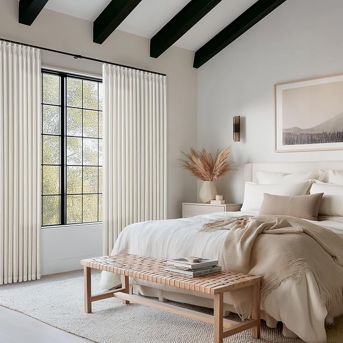 Pinch Pleated 98 Inch Linen Curtains for Living Room Dining Bedroom Pinch Pleat Hooks Rings Back Tab Light Filtering Semi Sheer Curtain Drapes for Large Window Boho Neutral Cream 2 Panels W50xL98