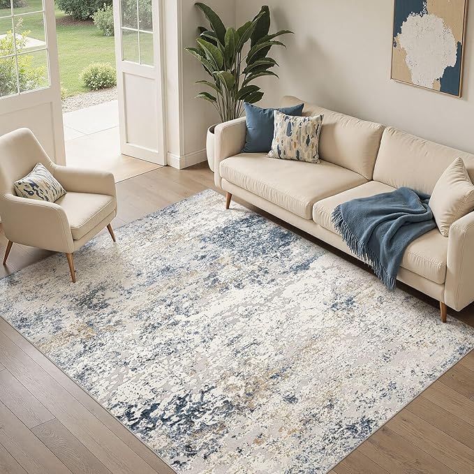Area Rug Living Room Rugs - 5x8 Abstract Large Soft Indoor Washable Rug Neutral Modern Low Pile Carpet for Bedroom Dining Room Farmhouse Home Office - Beige Blue