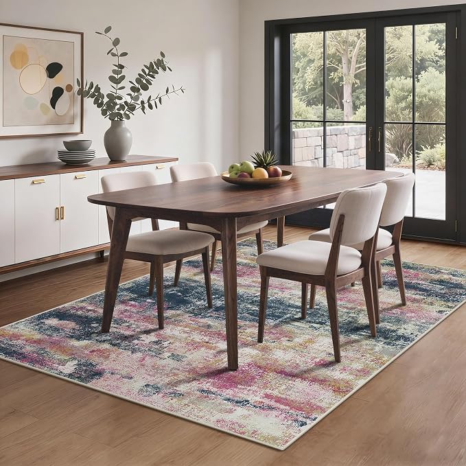 BEIMO Area Rugs 5x7 for Living Room Bedroom, Modern Abstract Machine Washable Rug, Large Soft Low Pile Floor Carpet with Non Slip Backing for Dining Room, Navy/Pink