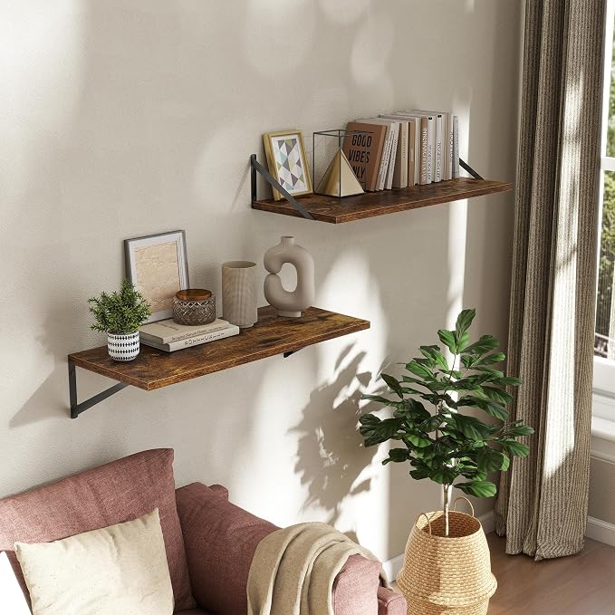Acovy Deep Floating Shelves Wall Mounted, 30"x12" Brown Wood Shelves with Brackets Set of 2 for Bedroom, Living Room, Bathroom, Kitchen, Office - Storage & Display Shelf for Decor, Books, Plants
