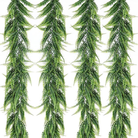 RECUTMS 4pcs Ferns Garland 6 FT Fake Ivy Vines Artificial Hanging Plant Faux Boston Ferns Greenery Leaves Fake Vines for Spring Outdoor Indoor Home Garden Party Table Wall Valentines Day Decor(Green)