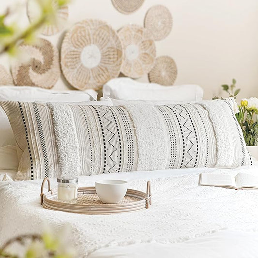 BlissBlush 20X54 Oversized Large Lumbar Pillow Cover for Bed, Rectangular Long Decorative Throw Pillowcase, Cotton Boho Accent Cushion with Black Tufted Pattern and Tassels, Cream Neutral (Cover Only)
