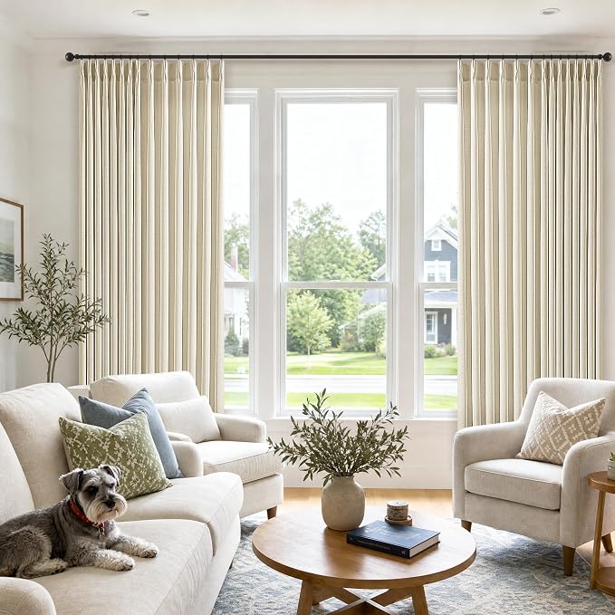 70 Inch Wide Pleated Curtains 1 Panel for Living Room Bedroom Farmhouse Memory Training Semi Sheer Pinch Pleat Door Curtains with Back Tab Cream Beige Thick Linen Drapes for Patio Balcony 70x102
