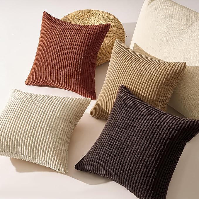 Topfinel Set of 4 Soft Farmhouse Corduroy Striped Decorative Cushion Cover Boho Throw Pillow Covers 22x22 Inch Beige Brown Gradient Rustic Pillow Case for Sofa Couch Living Room Bedroom