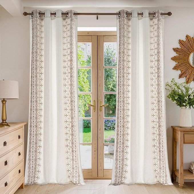 NICETOWN Farmhouse Floral Curtains Light Sand Embroidery Trim 96" Long - Beautiful Linen Texture Drapes for Sun Room, Grommet Farmhouse Style Light Filtering Privacy Protection, W52 x L96, 2 Pcs