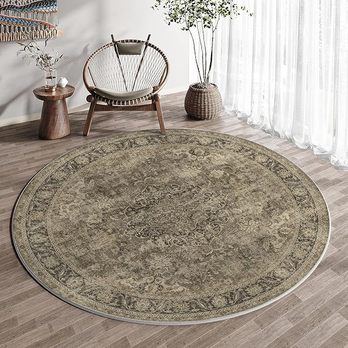 8x8 Washable Round Rug Brown Vintage Non Slip Soft Low Pile Circle Rug for Living Room Bedroom Distressed Oriental Indoor Carpet for Dining Room Office Entryway Home Decor